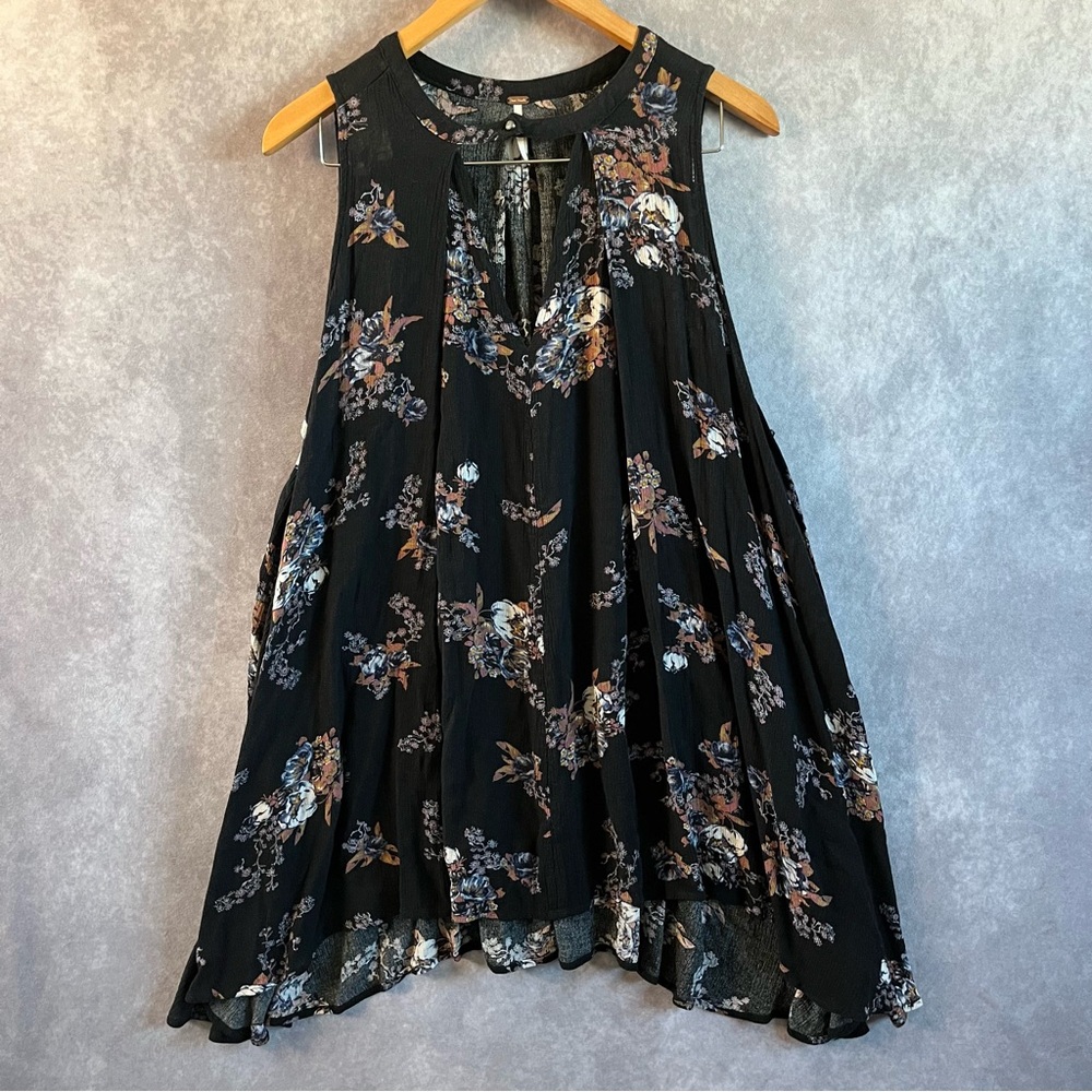 Free People High Neck Floral Button Halter Shift Dress Tunic Top Black Sz S / P